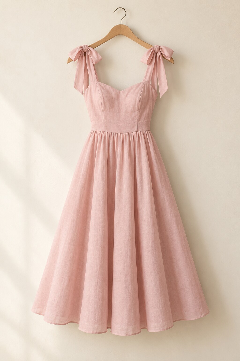 Blush pink midi dress with bow shoulder details