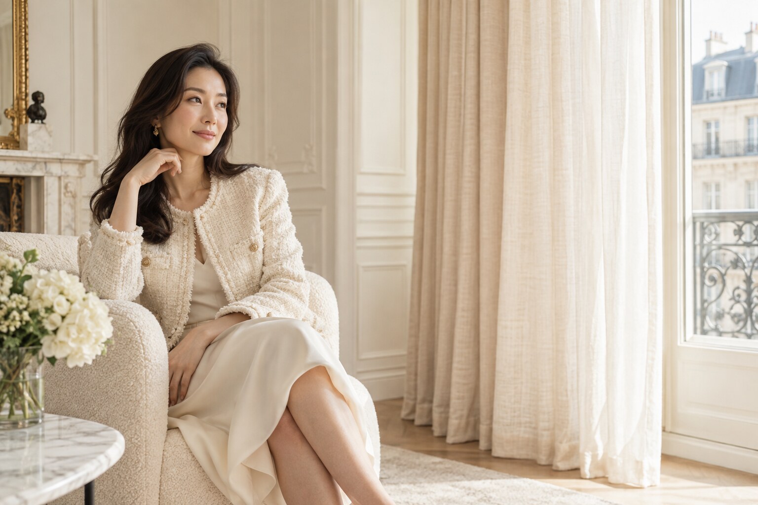Model wearing an ivory tweed jacket in a softly lit Parisian apartment