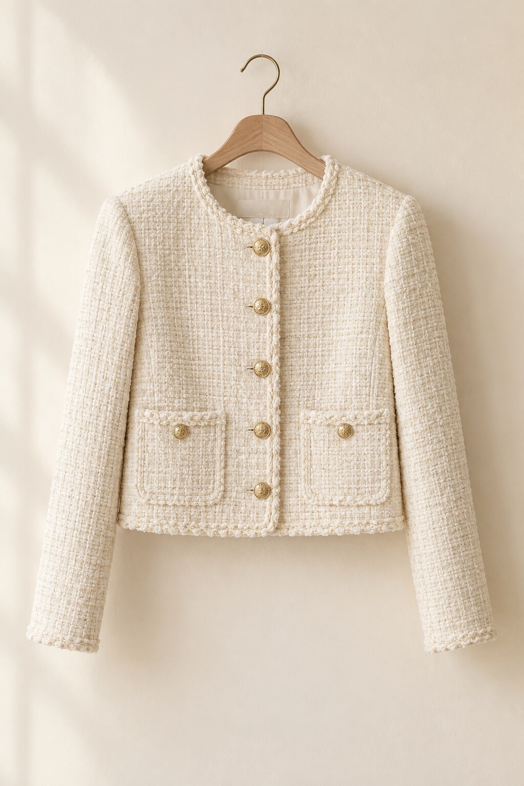 Ivory textured tweed jacket with gold-tone buttons